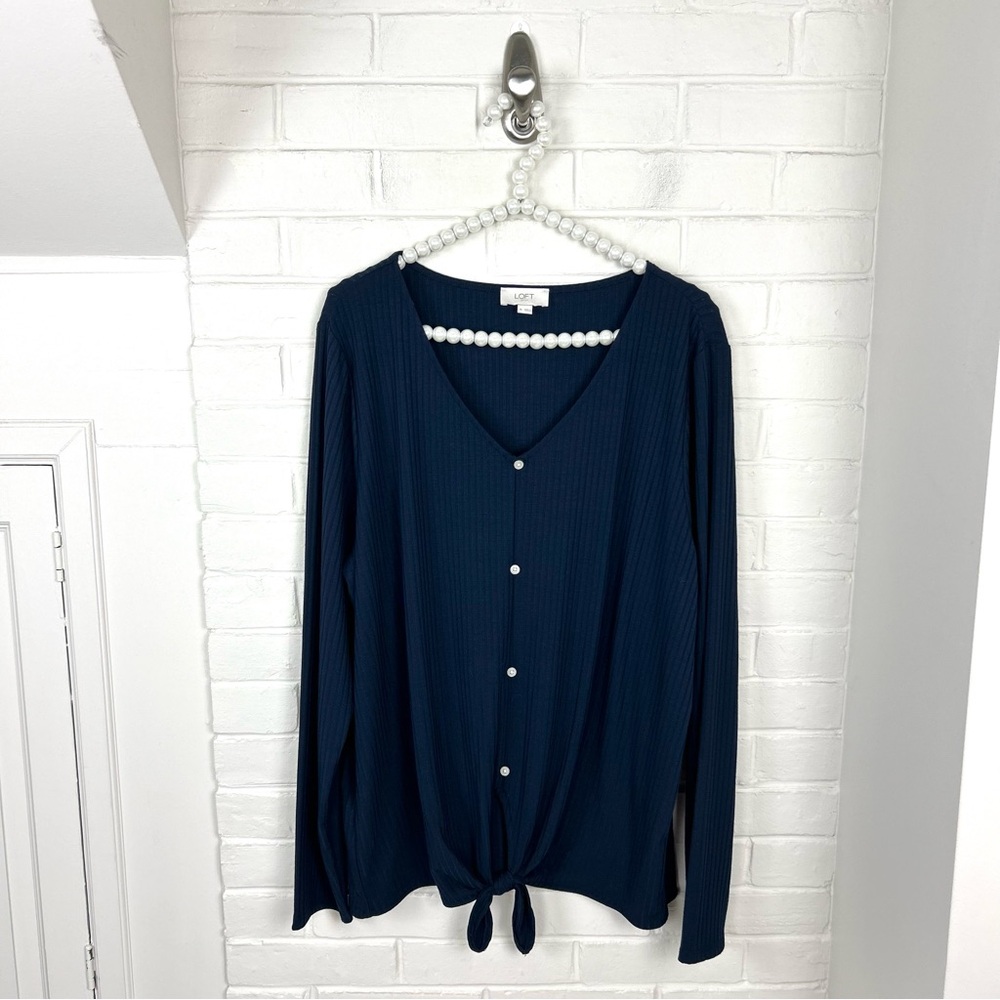 LOFT Navy Ribbed Knit Button Tie Front Long Sleeve Top Size XL